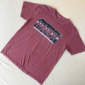 HARDY Mens Graphic T-Shirt Large Red Faded Industrial Logo Hat Glasses Short Slv